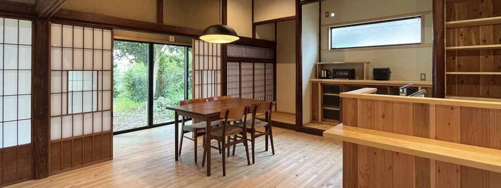 地元産材だけで造られた住宅。広々としたリビングルーム兼キッチン