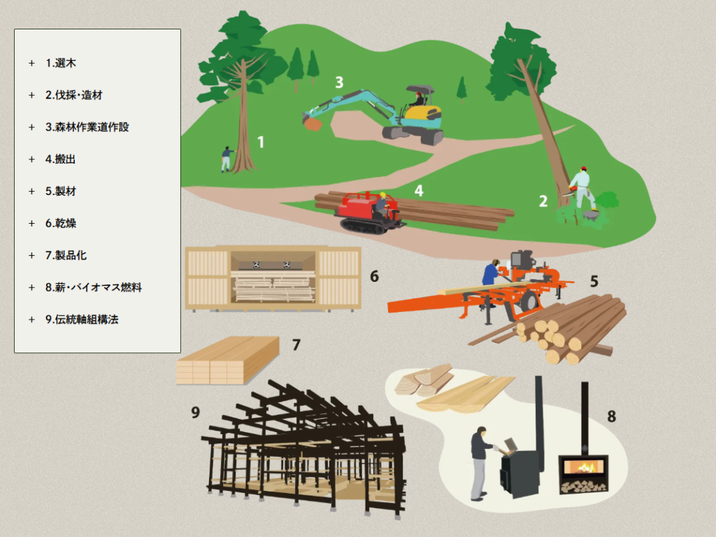 一次産業における林業の4つの優位性と、作業道開設から製材・モルダー加工・木質バイオマス活用までを一気通貫で行う方法を図式解説